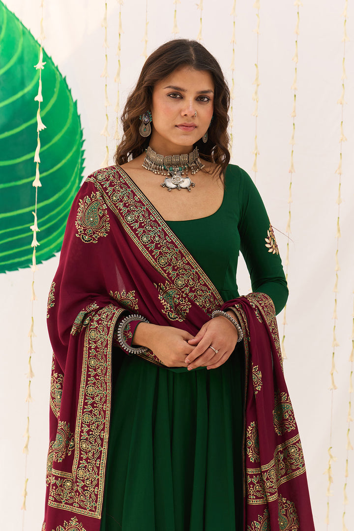 Jameela Block Printed Green Anarkali with Chooridar and Dupatta (set of 3)