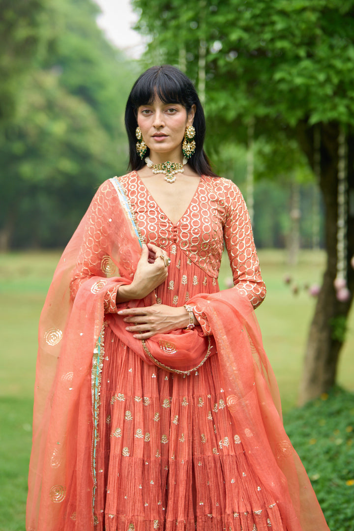 Phillauri Vol 3 rust tiered anarkali with sharara and dupatta ( set of 3)