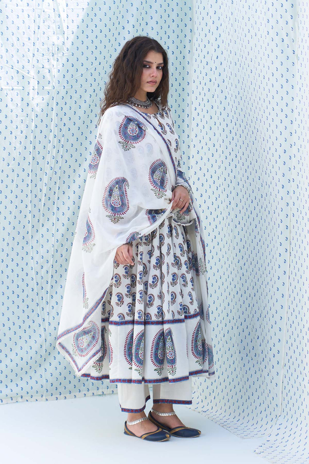 Mehraz kora hand block printed booti jaal anarkali with palazzo and dupatta ( set of 3 )