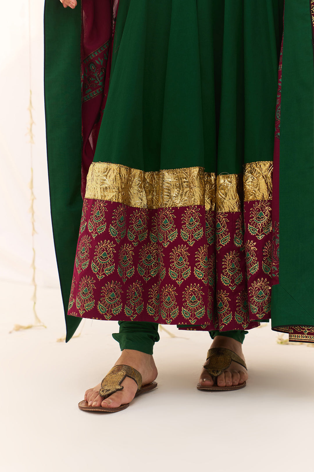 Jameela Block Printed Green Anarkali with Chooridar and Dupatta (set of 3)