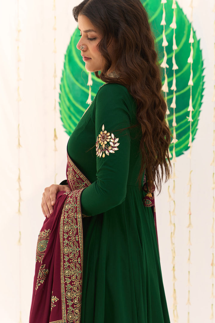 Jameela Block Printed Green Anarkali with Chooridar and Dupatta (set of 3)