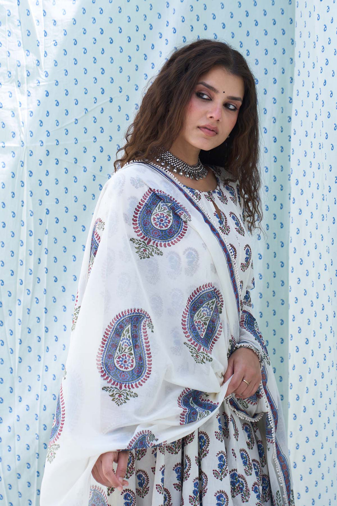 Mehraz kora hand block printed booti jaal anarkali with palazzo and dupatta ( set of 3 )