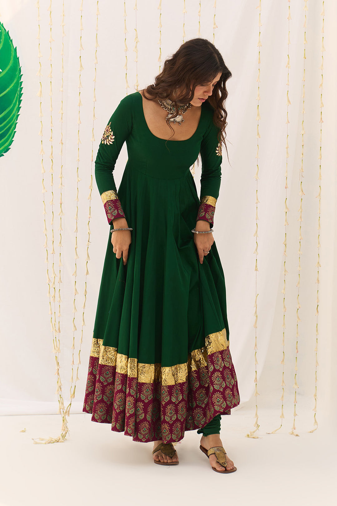 Jameela Block Printed Green Anarkali with Chooridar and Dupatta (set of 3)