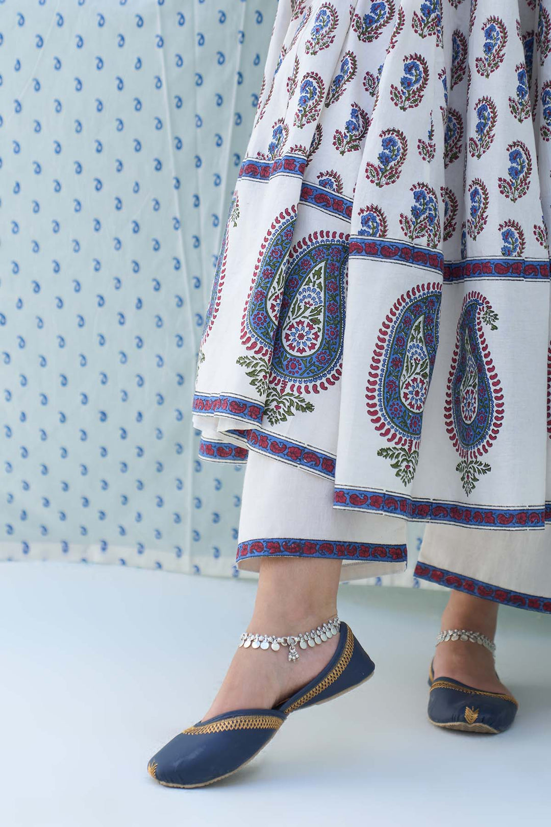 Mehraz kora hand block printed booti jaal anarkali with palazzo and dupatta ( set of 3 )