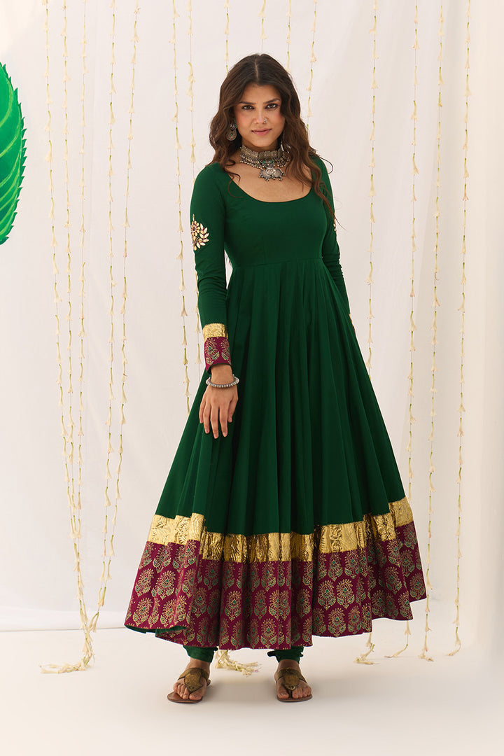 Jameela Block Printed Green Anarkali with Chooridar and Dupatta (set of 3)