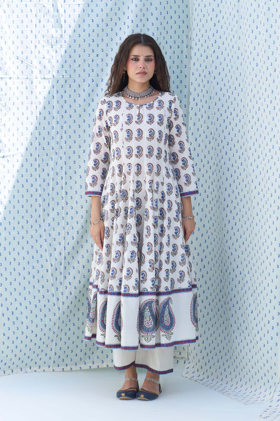 Mehraz kora hand block printed booti jaal anarkali with palazzo and dupatta ( set of 3 )