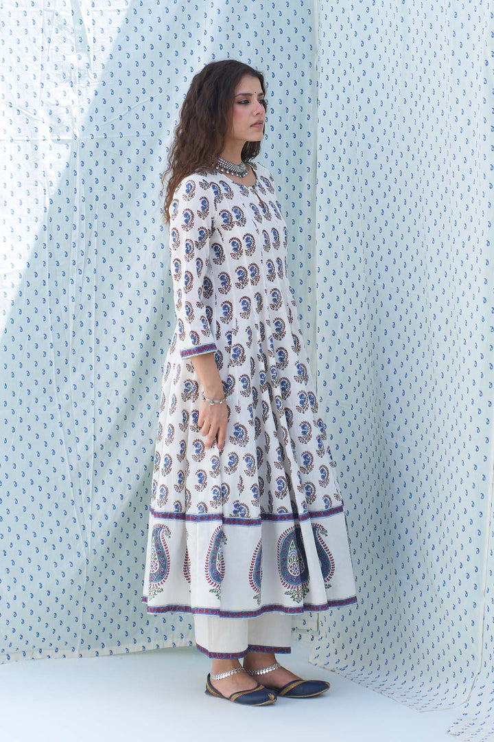 Mehraz kora hand block printed booti jaal anarkali with palazzo and dupatta ( set of 3 )