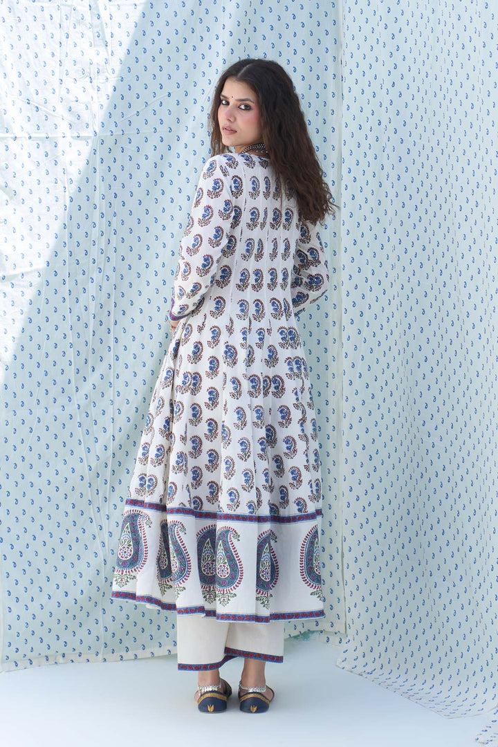 Mehraz kora hand block printed booti jaal anarkali with palazzo and dupatta ( set of 3 )