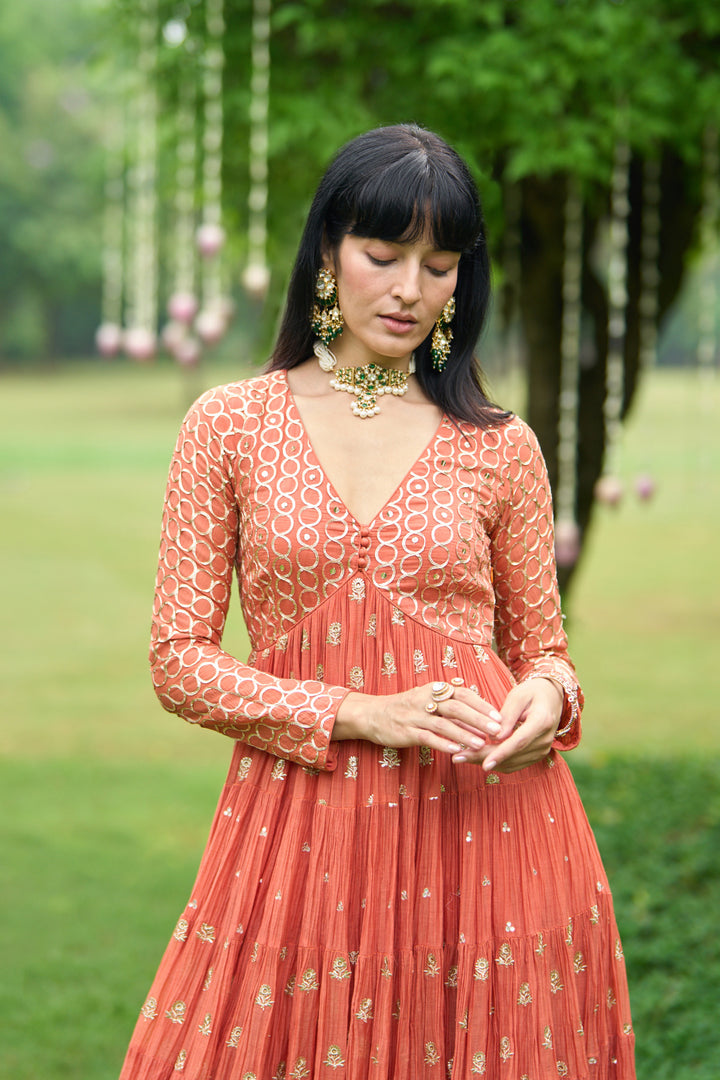 Phillauri Vol 3 rust tiered anarkali with sharara and dupatta ( set of 3)