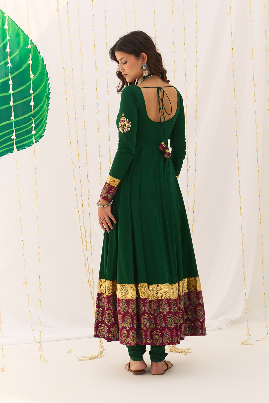 Jameela Block Printed Green Anarkali with Chooridar and Dupatta (set of 3)