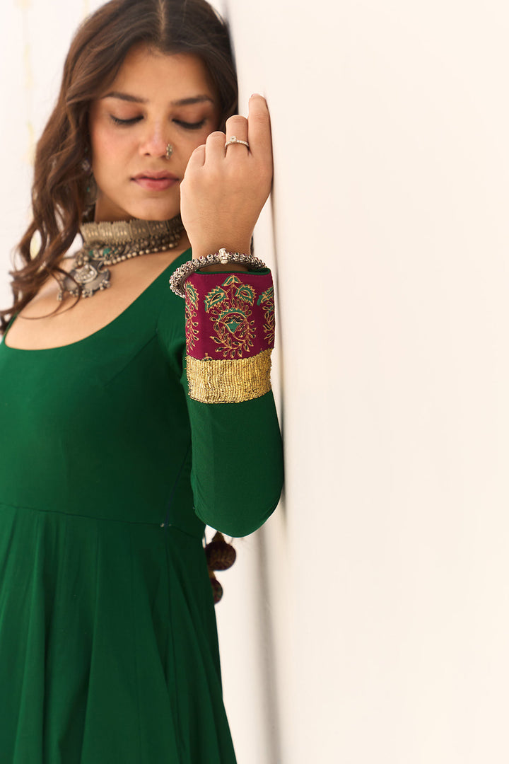 Jameela Block Printed Green Anarkali with Chooridar and Dupatta (set of 3)