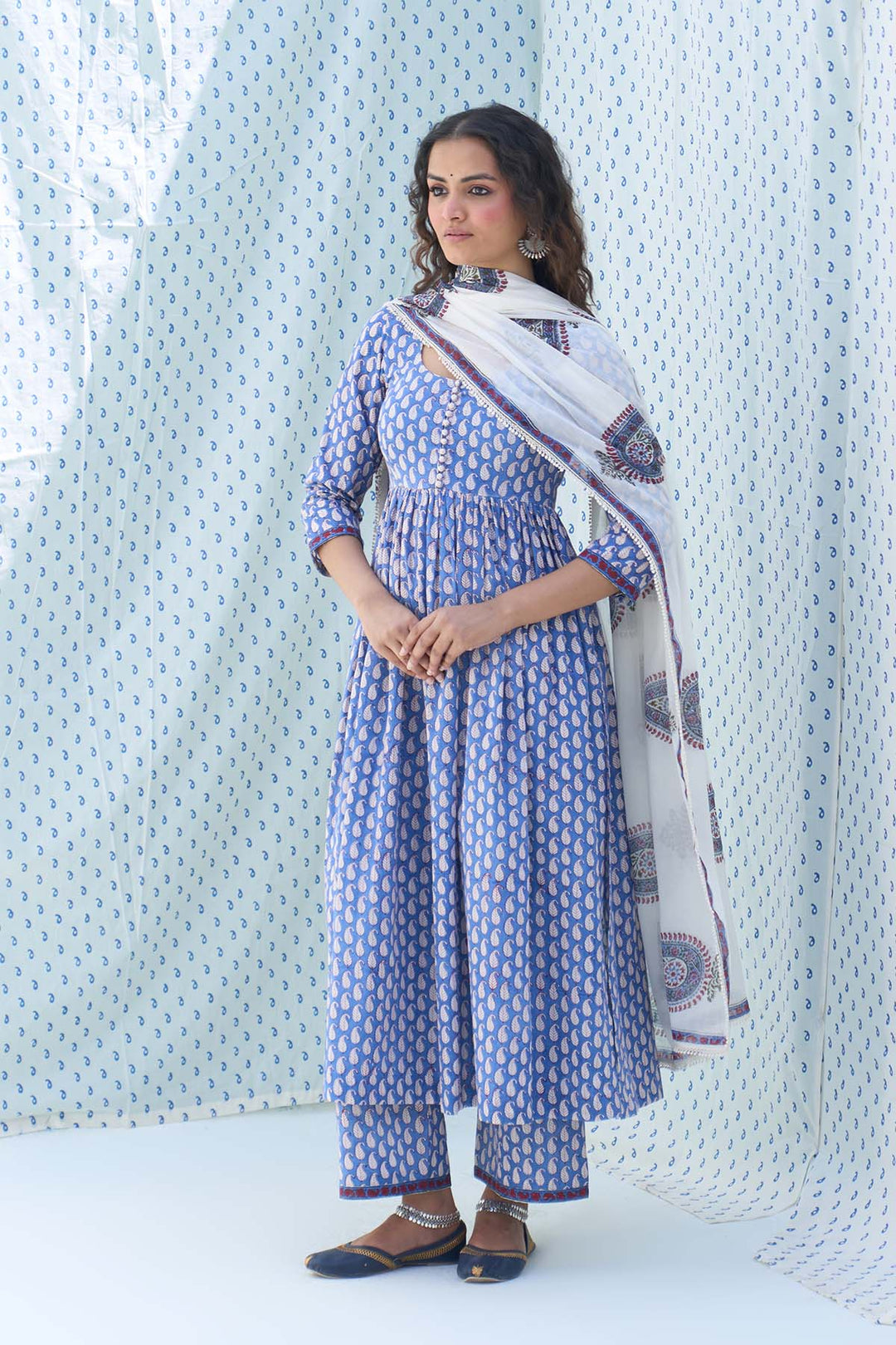 Mehraz blue hand block printed kurta with palazzo and off white dupatta (set of 3)