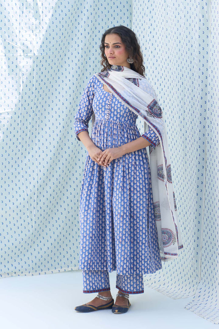 Mehraz blue hand block printed kurta with palazzo and off white dupatta (set of 3)