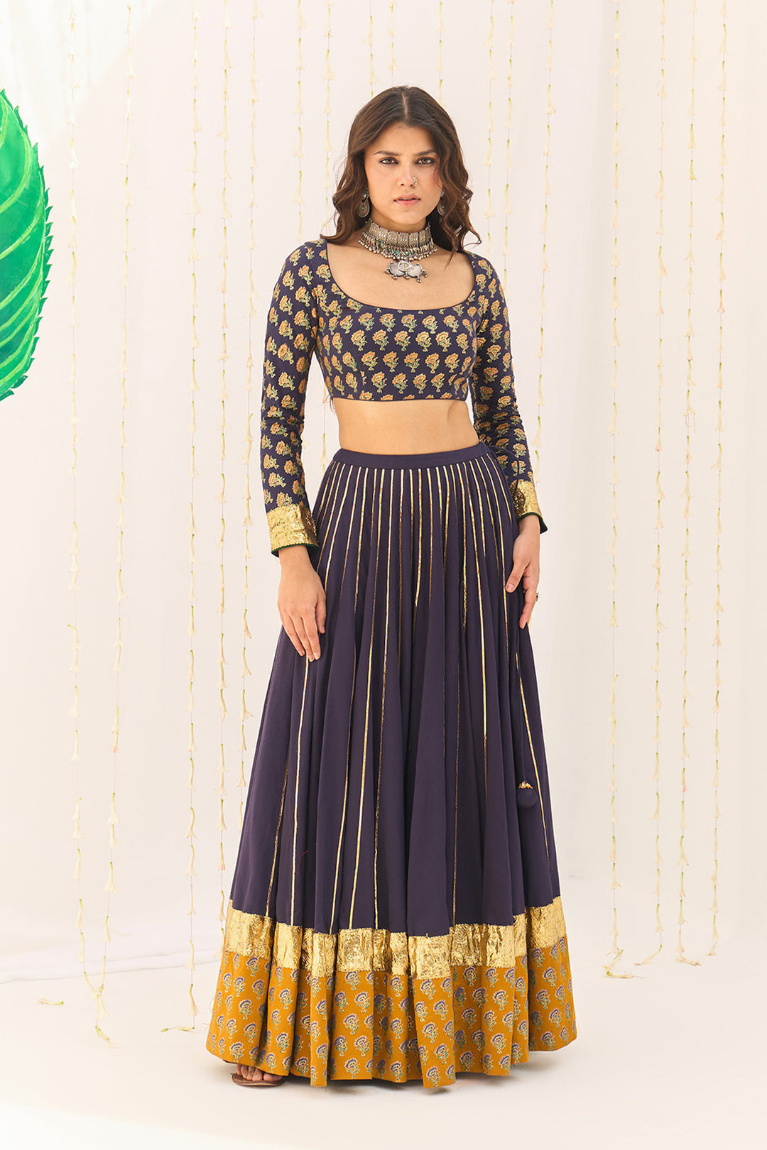 Jameela Blue Block Printed Lehenga with Blouse and Dupatta (set of 3)