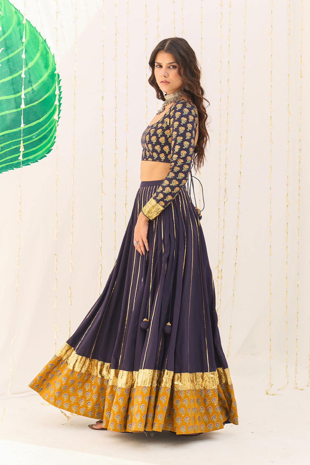 Jameela Blue Block Printed Lehenga with Blouse and Dupatta (set of 3)