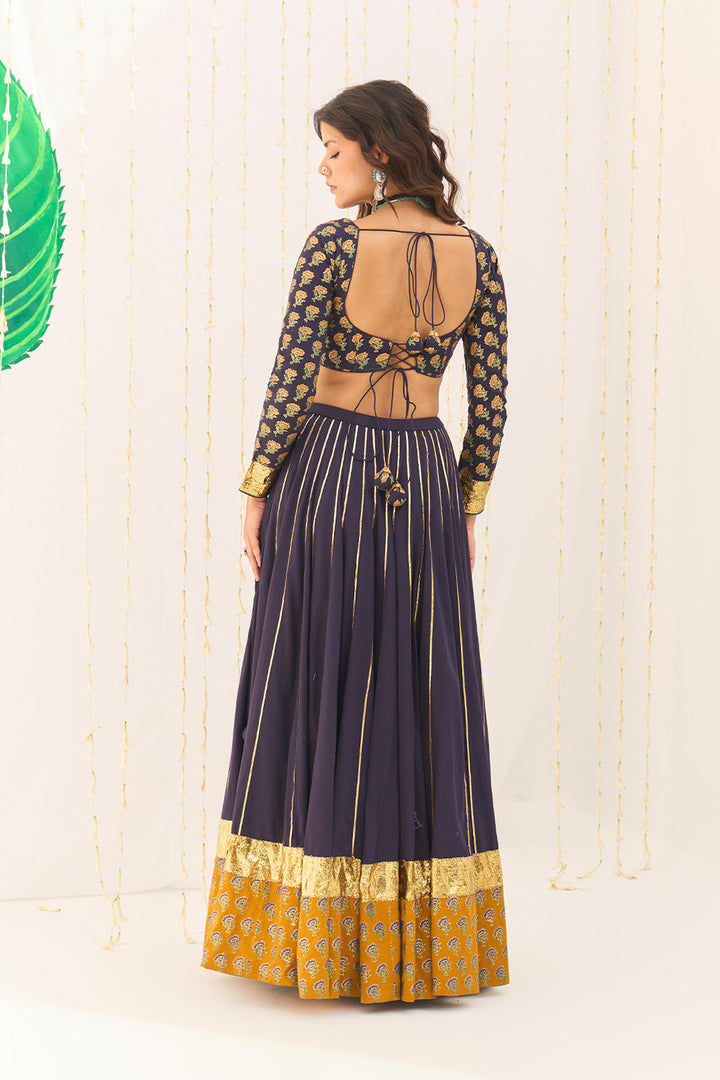 Jameela Blue Block Printed Lehenga with Blouse and Dupatta (set of 3)