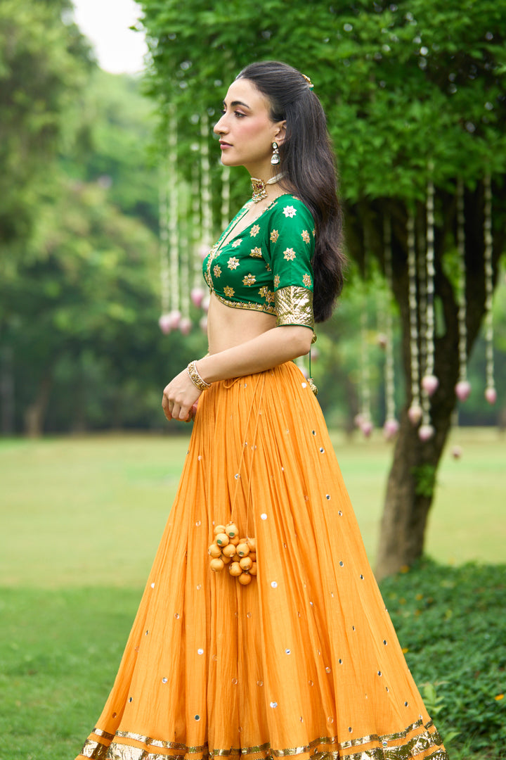 Phillauri Vol 3 green blouse with mustard lehenga and pink dupatta ( set of 3)