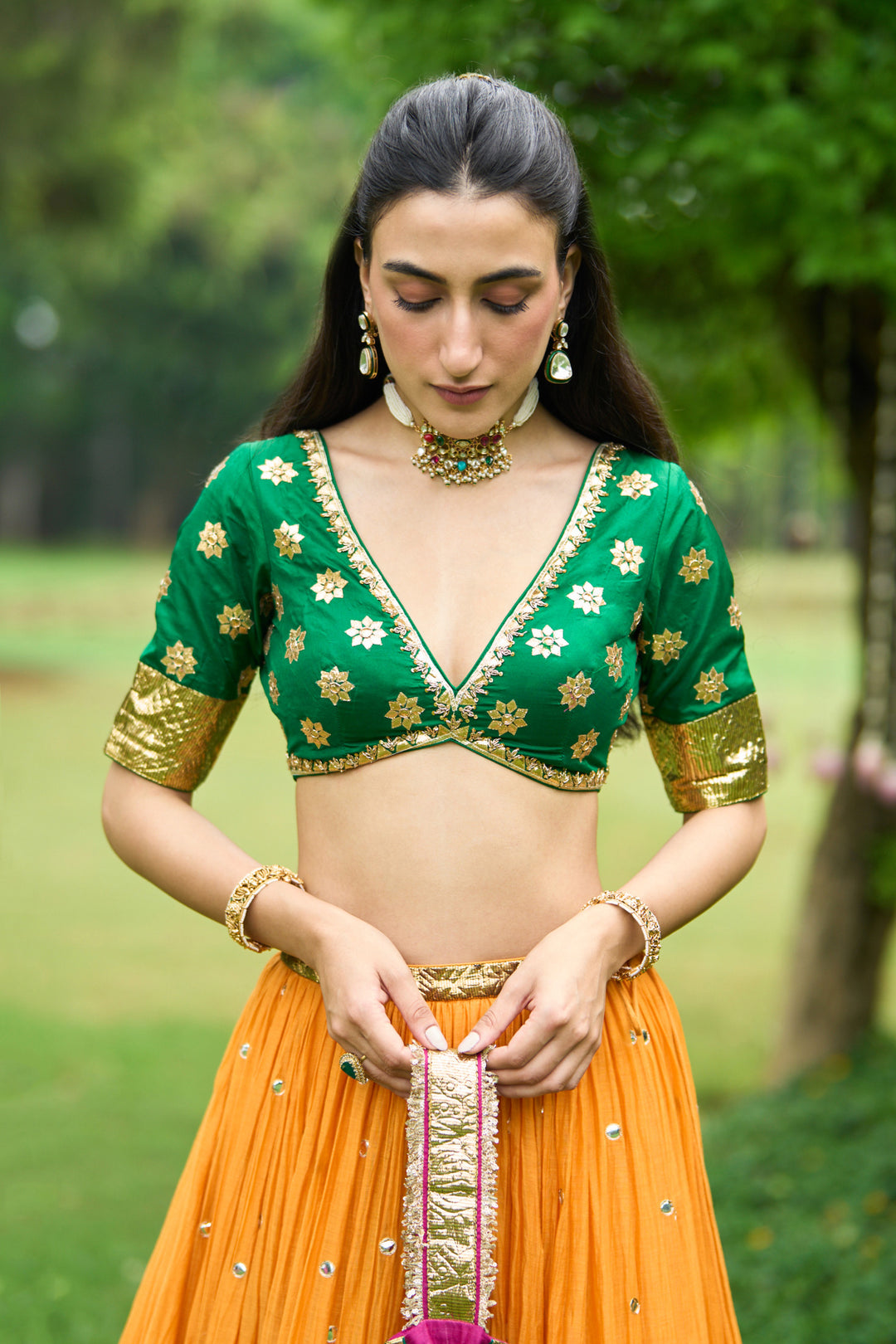 Phillauri Vol 3 green blouse with mustard lehenga and pink dupatta ( set of 3)