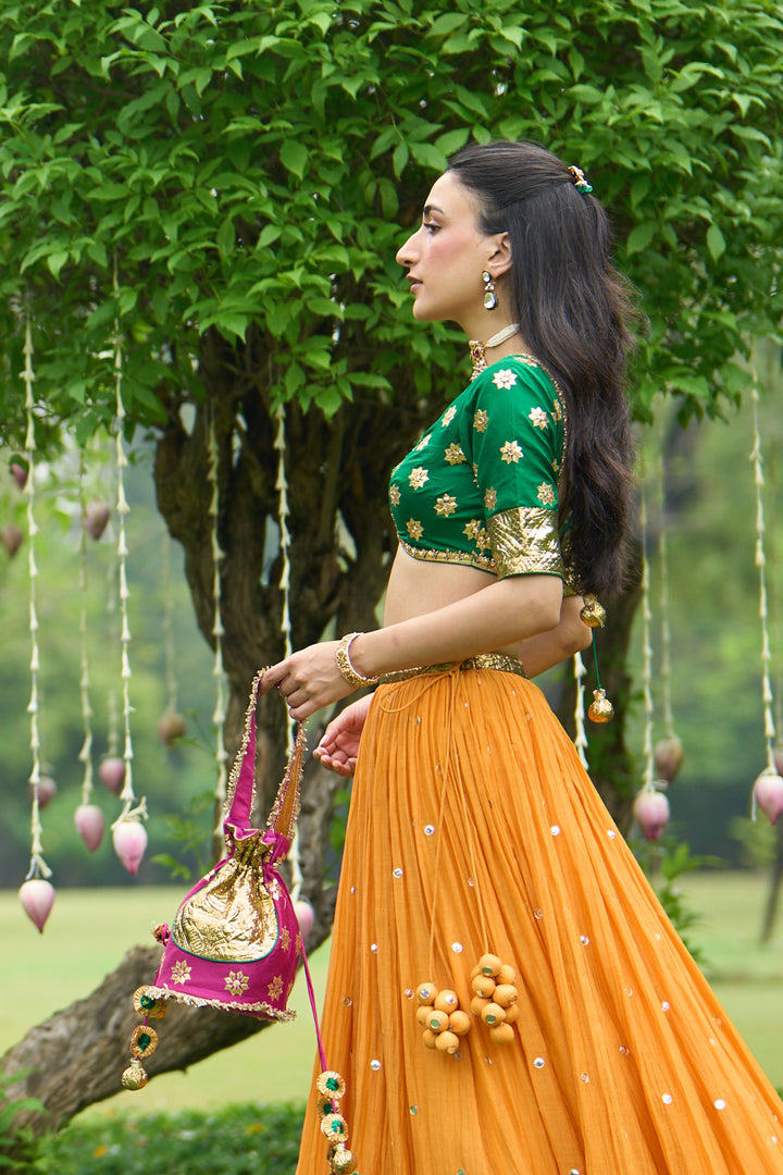 Phillauri Vol 3 green blouse with mustard lehenga and pink dupatta ( set of 3)