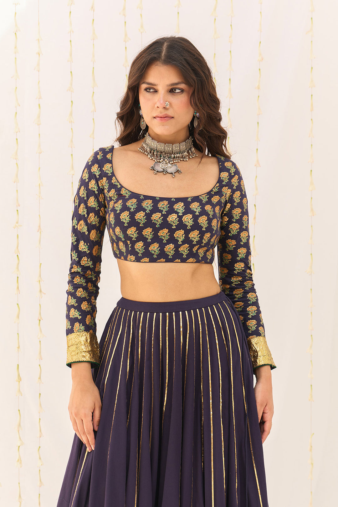 Jameela Blue Block Printed Lehenga with Blouse and Dupatta (set of 3)