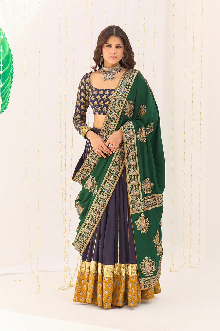 Jameela Blue Block Printed Lehenga with Blouse and Dupatta (set of 3)