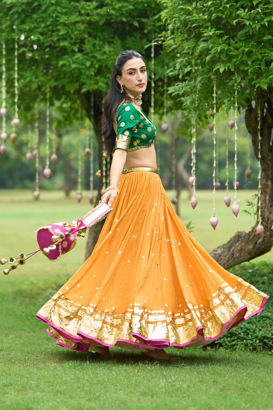 Phillauri Vol 3 green blouse with mustard lehenga and pink dupatta ( set of 3)