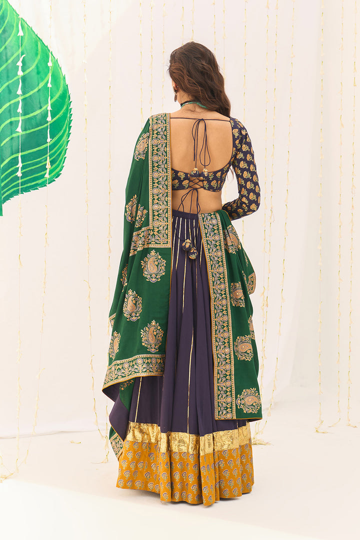 Jameela Blue Block Printed Lehenga with Blouse and Dupatta (set of 3)