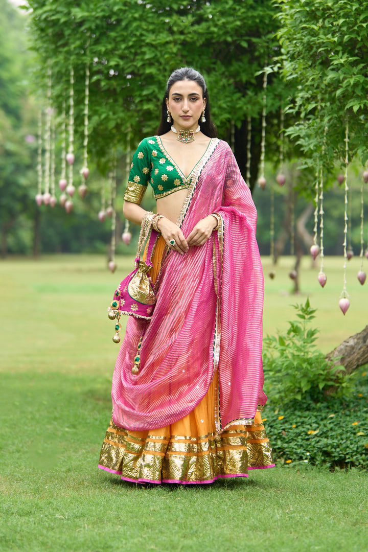 Phillauri Vol 3 green blouse with mustard lehenga and pink dupatta ( set of 3)