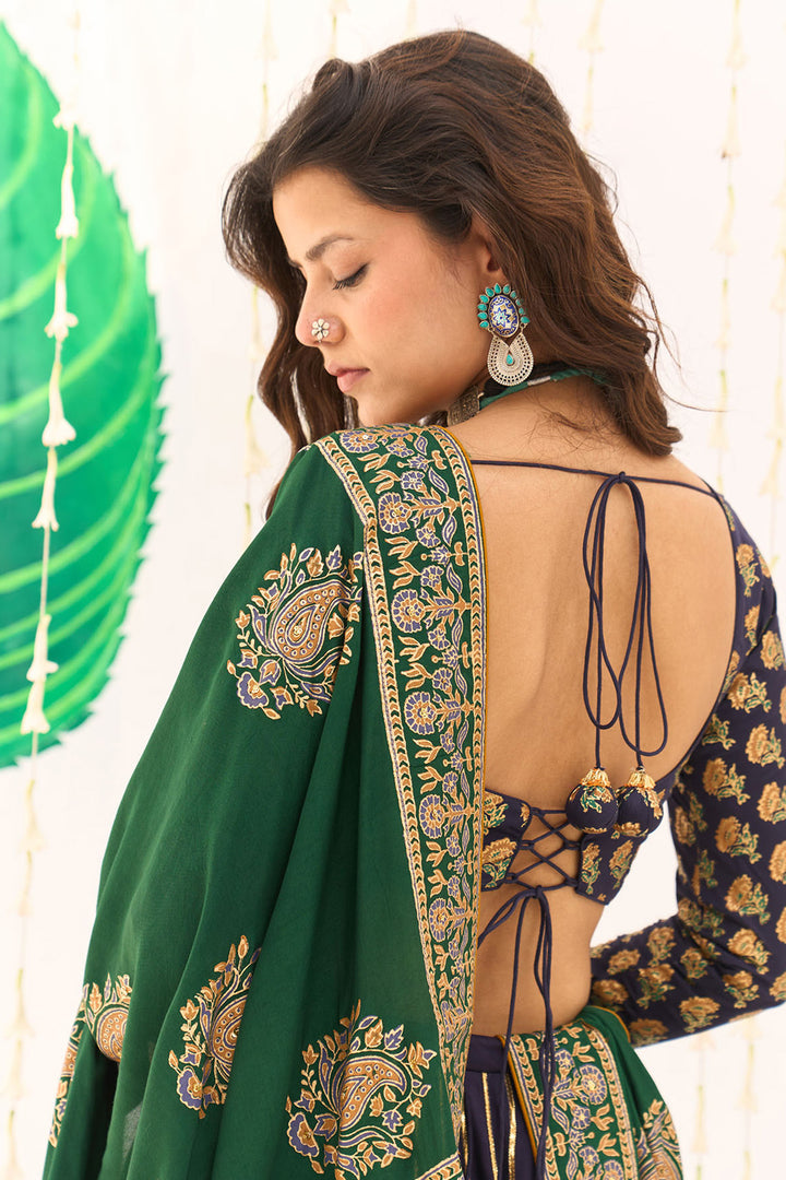 Jameela Blue Block Printed Lehenga with Blouse and Dupatta (set of 3)