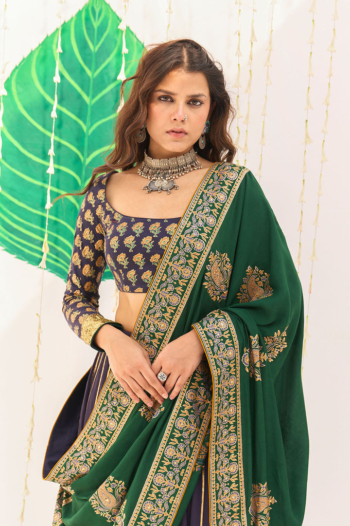 Jameela Blue Block Printed Lehenga with Blouse and Dupatta (set of 3)