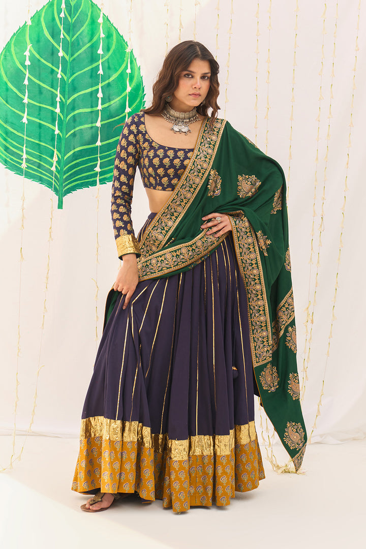 Jameela Blue Block Printed Lehenga with Blouse and Dupatta (set of 3)