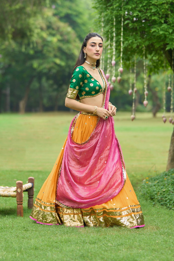 Phillauri Vol 3 green blouse with mustard lehenga and pink dupatta ( set of 3)