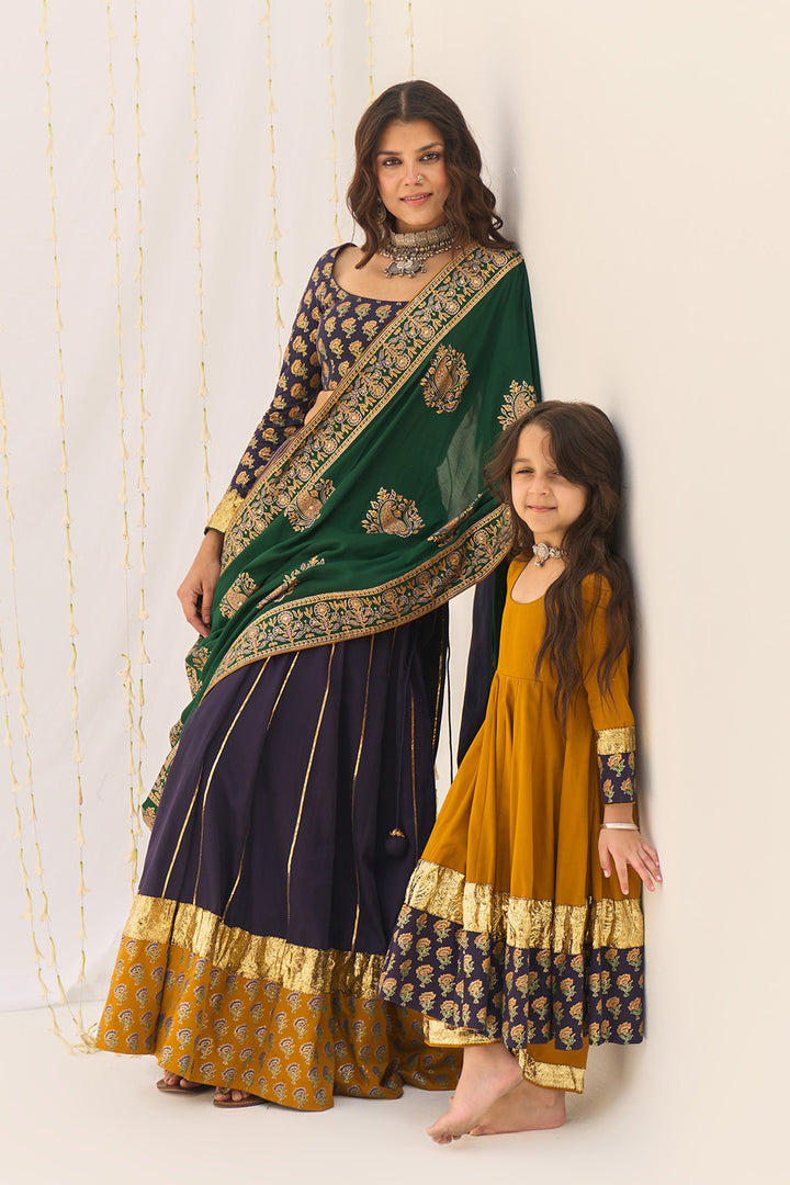 Jameela Blue Block Printed Lehenga with Blouse and Dupatta (set of 3)