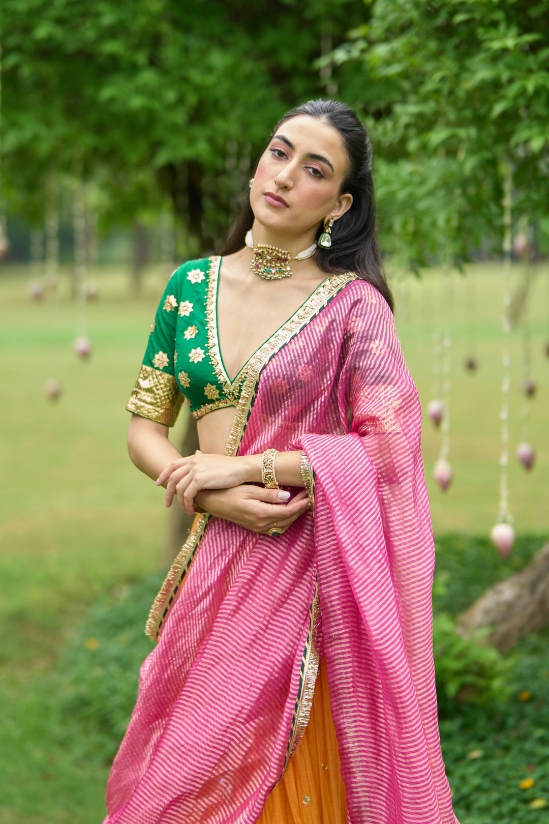 Phillauri Vol 3 green blouse with mustard lehenga and pink dupatta ( set of 3)