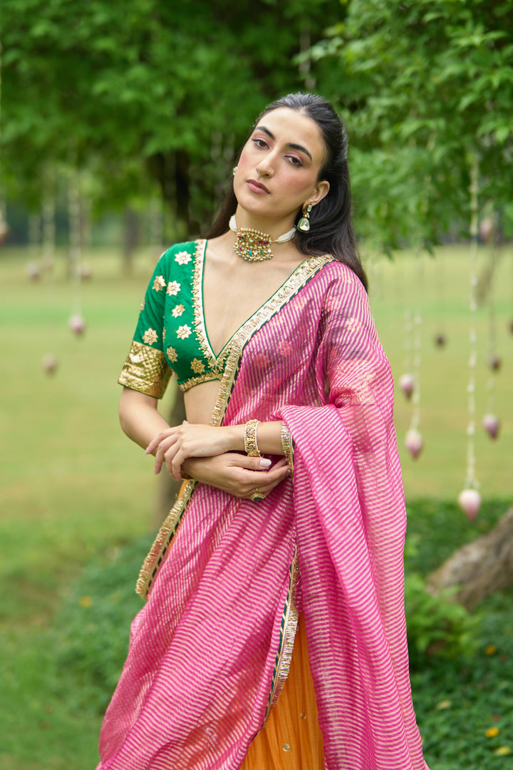 Phillauri Vol 3 green blouse with mustard lehenga and pink dupatta ( set of 3)