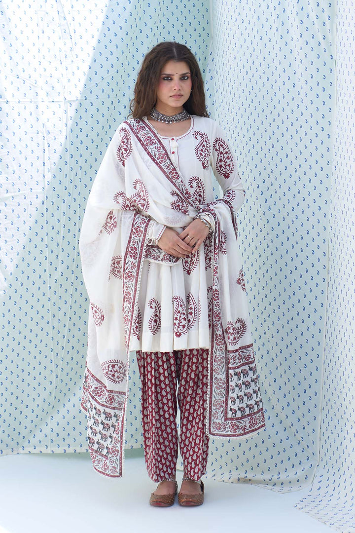 Mehraz red short anarkali with salwar and dupatta ( set of 3 )