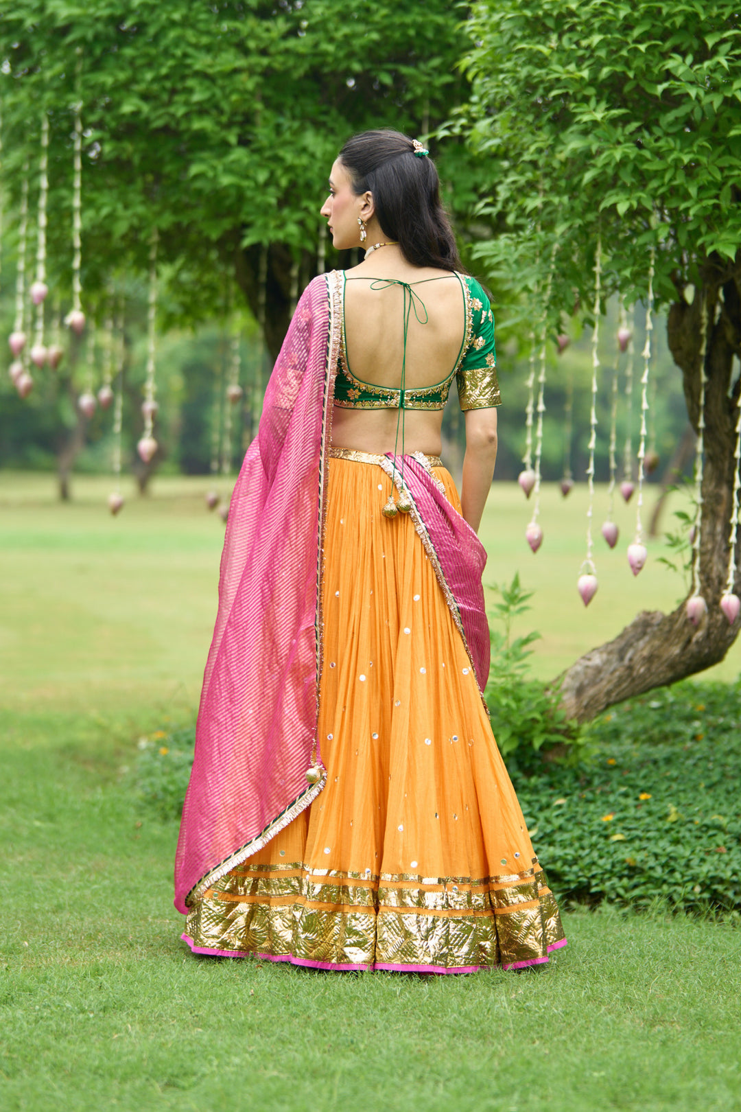 Phillauri Vol 3 green blouse with mustard lehenga and pink dupatta ( set of 3)