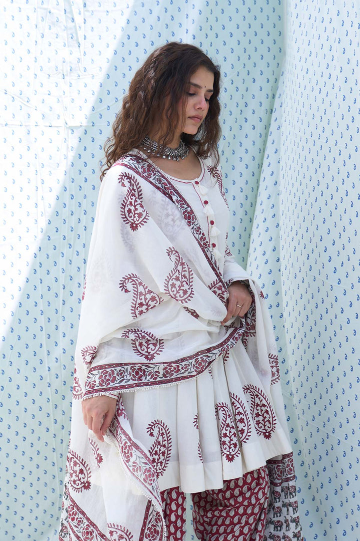 Mehraz red short anarkali with salwar and dupatta ( set of 3 )