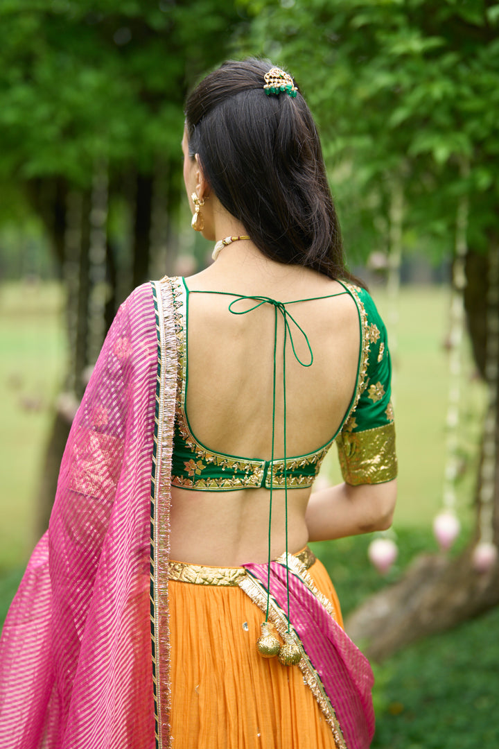 Phillauri Vol 3 green blouse with mustard lehenga and pink dupatta ( set of 3)