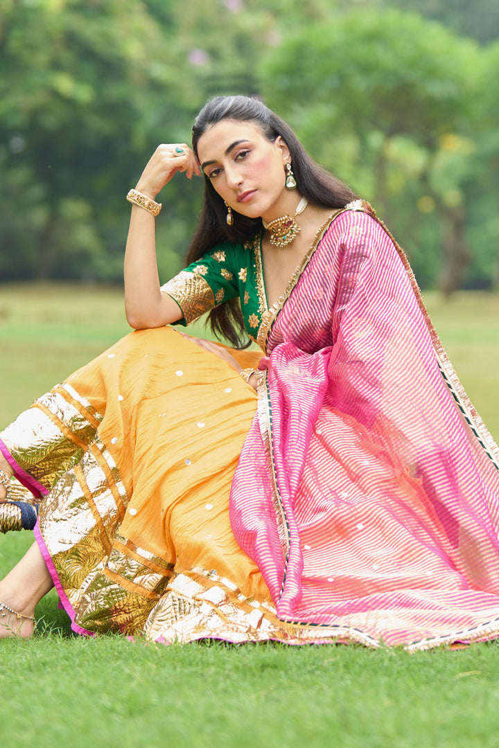 Phillauri Vol 3 green blouse with mustard lehenga and pink dupatta ( set of 3)