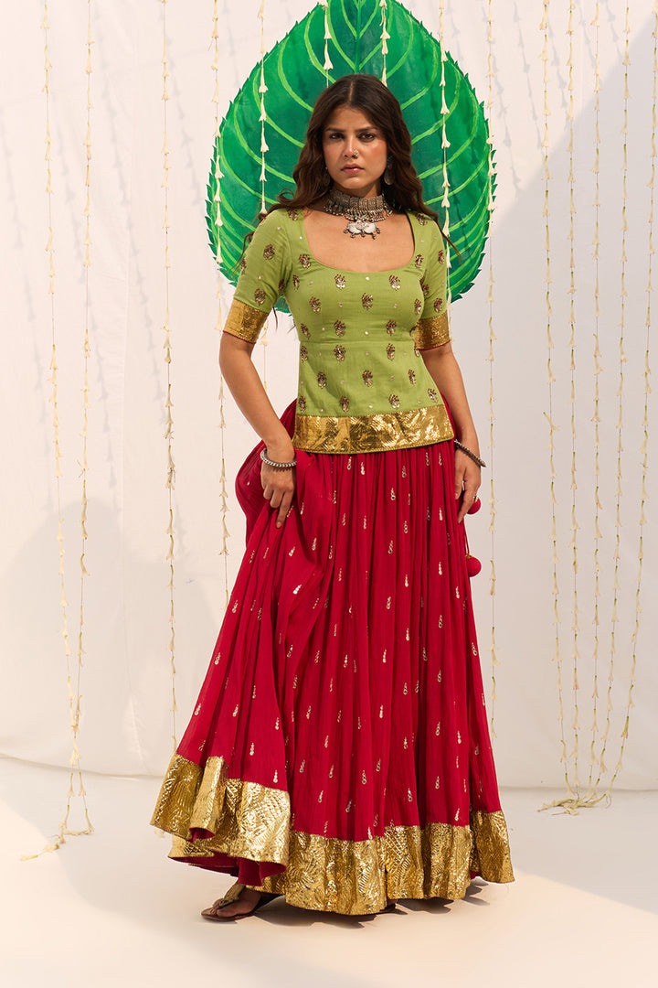 Jameela Red Lehenga with Green Long Choli Blouse and Mughal Block Printed Dupatta (Set of 3)