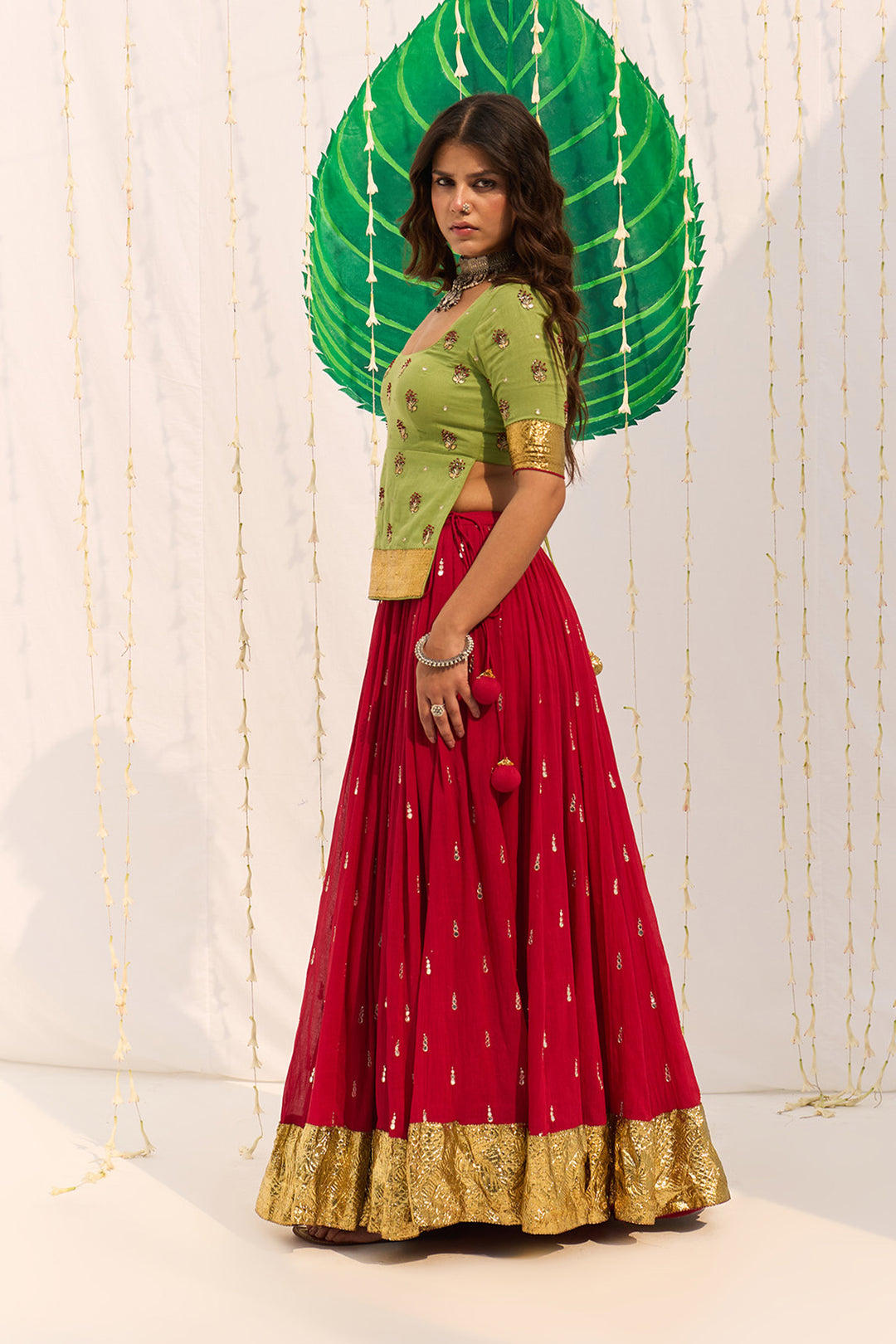 Jameela Red Lehenga with Green Long Choli Blouse and Mughal Block Printed Dupatta (Set of 3)