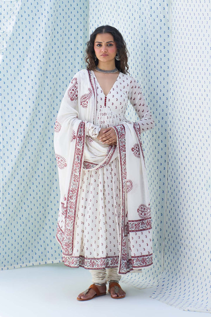 Mehraz red hand block printed v neck anarkali with chooridar and dupatta ( set of 3 )