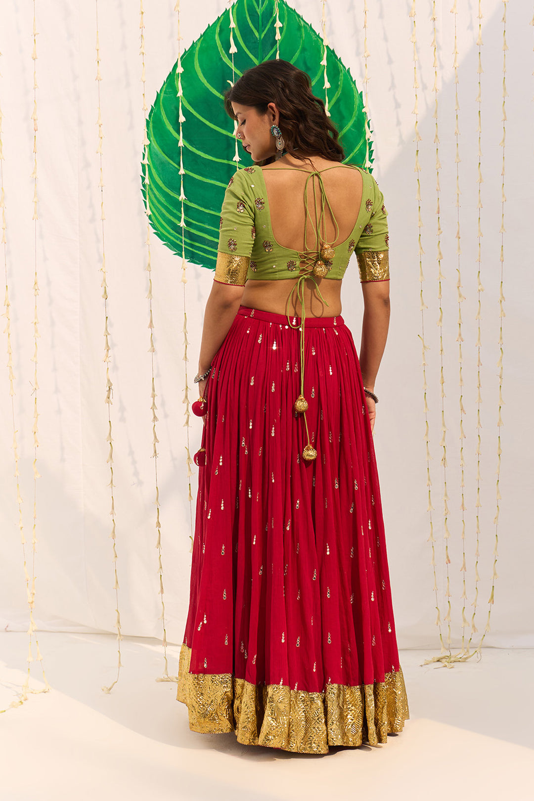 Jameela Red Lehenga with Green Long Choli Blouse and Mughal Block Printed Dupatta (Set of 3)