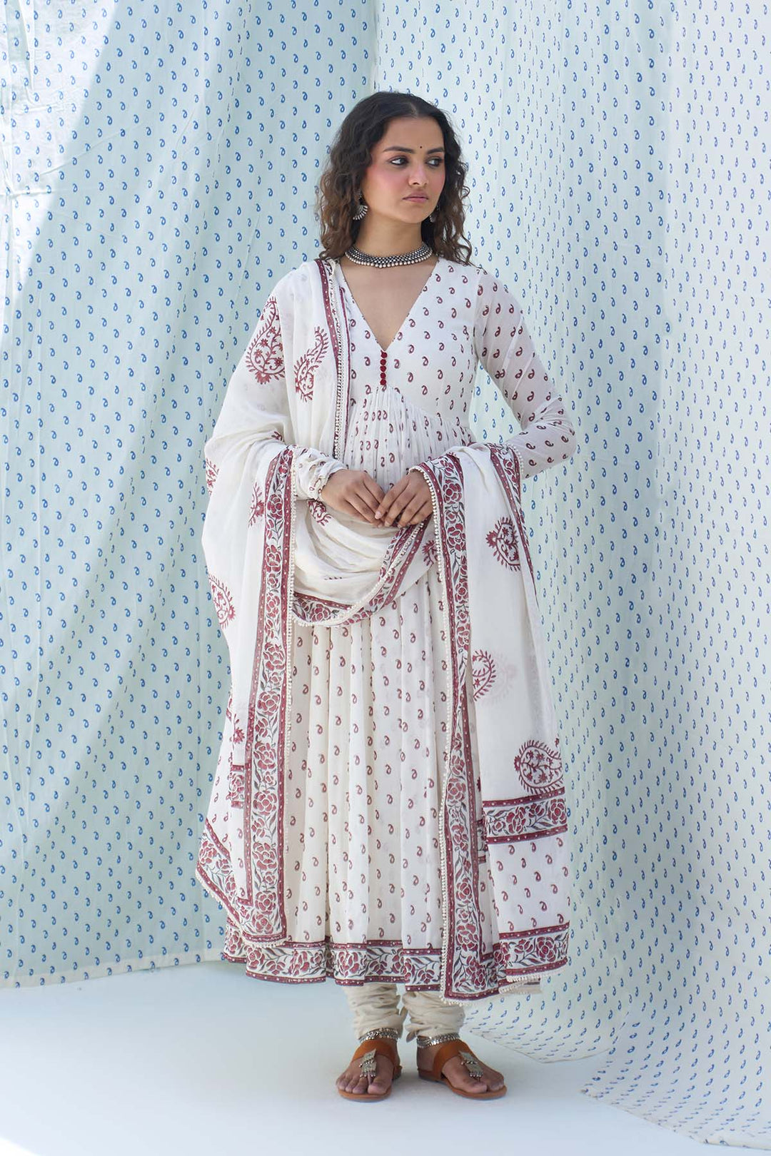 Mehraz red hand block printed v neck anarkali with chooridar and dupatta ( set of 3 )