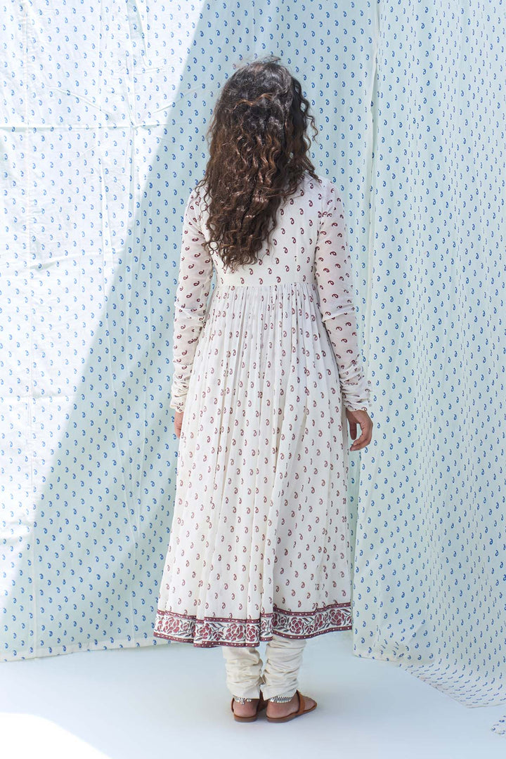 Mehraz red hand block printed v neck anarkali with chooridar and dupatta ( set of 3 )