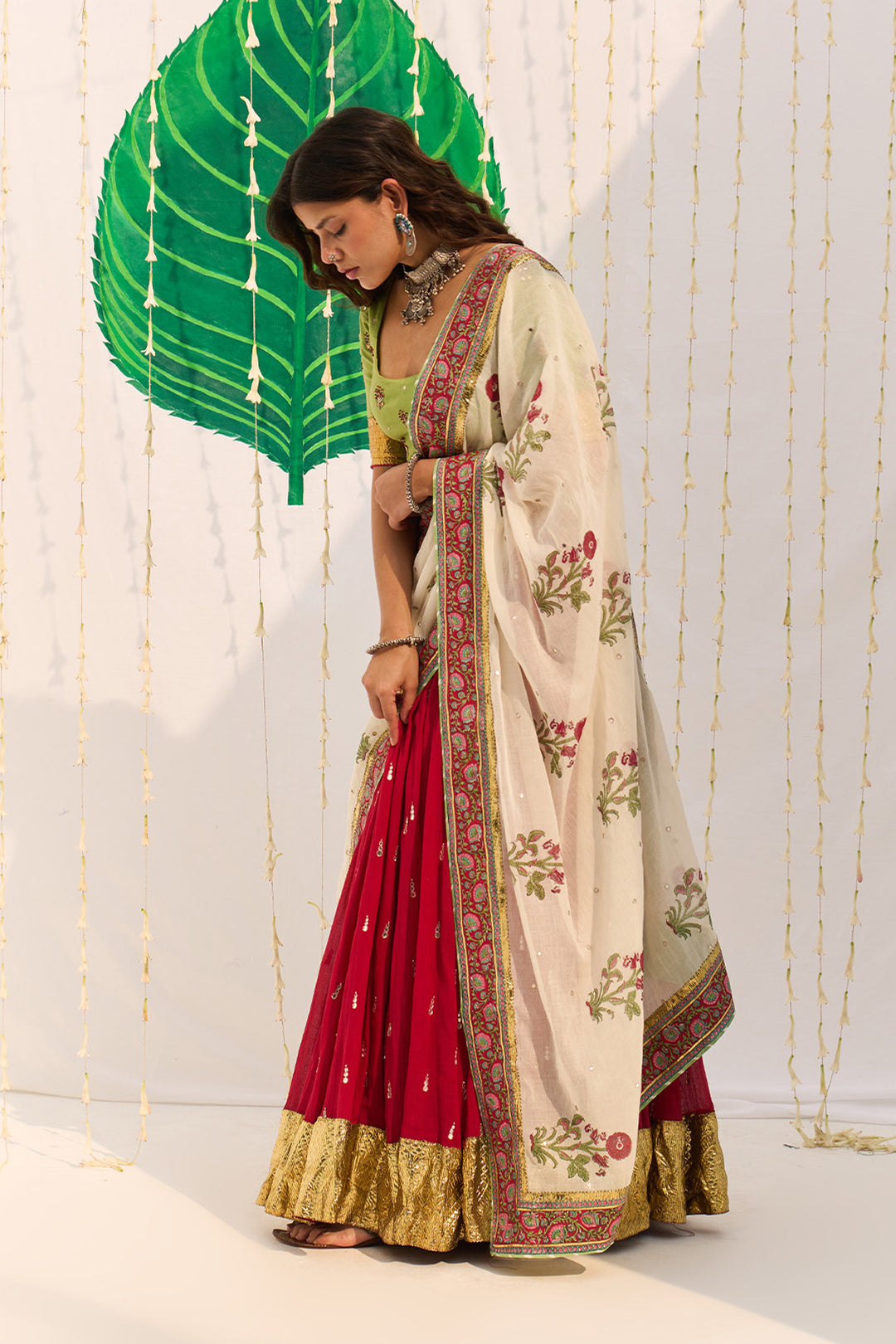 Jameela Red Lehenga with Green Long Choli Blouse and Mughal Block Printed Dupatta (Set of 3)