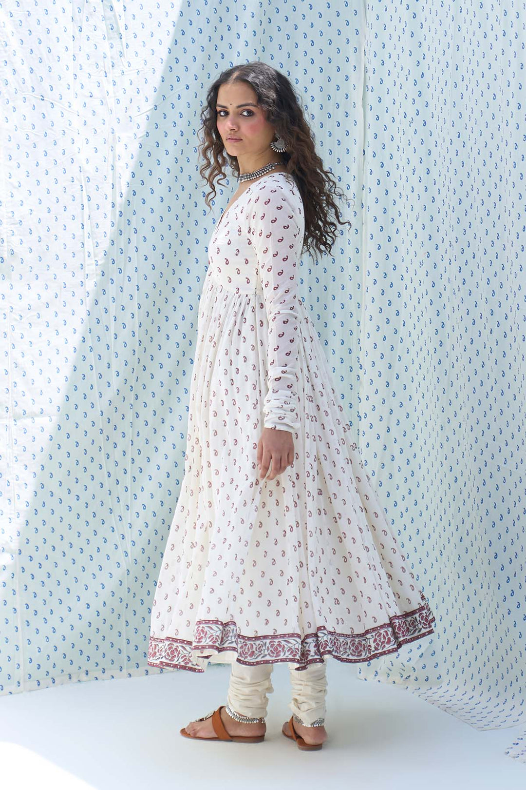 Mehraz red hand block printed v neck anarkali with chooridar and dupatta ( set of 3 )