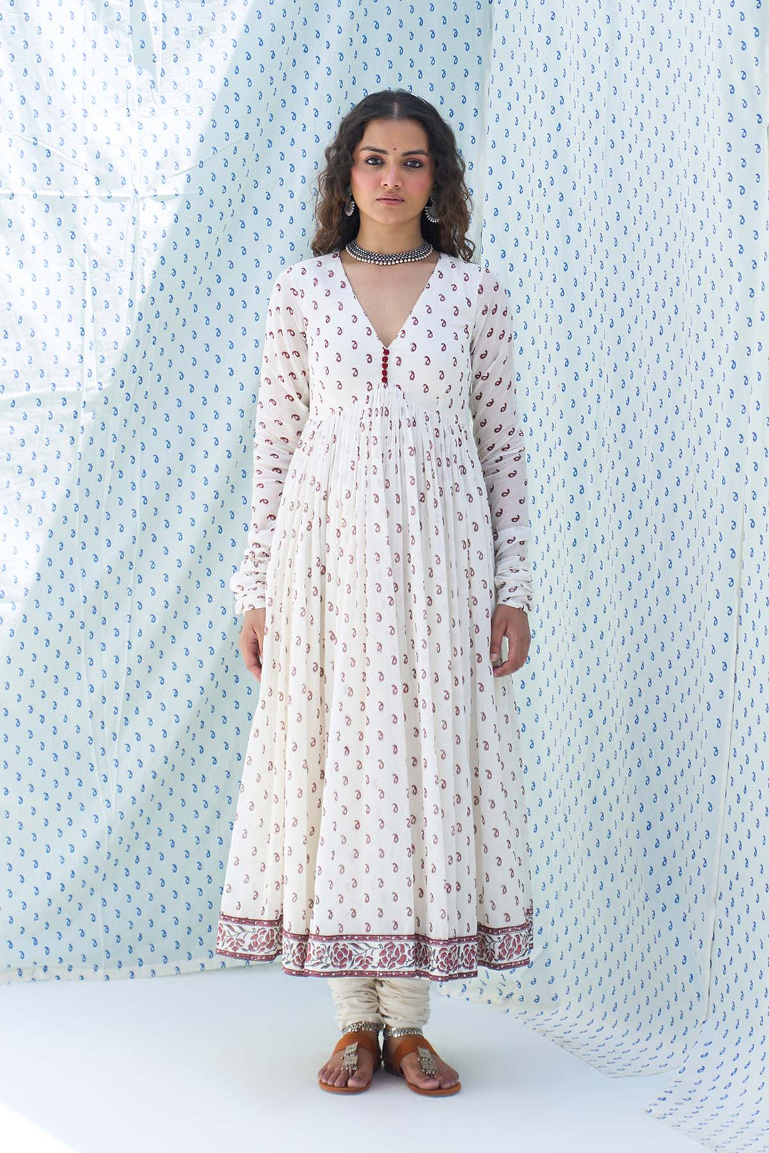 Mehraz red hand block printed v neck anarkali with chooridar and dupatta ( set of 3 )