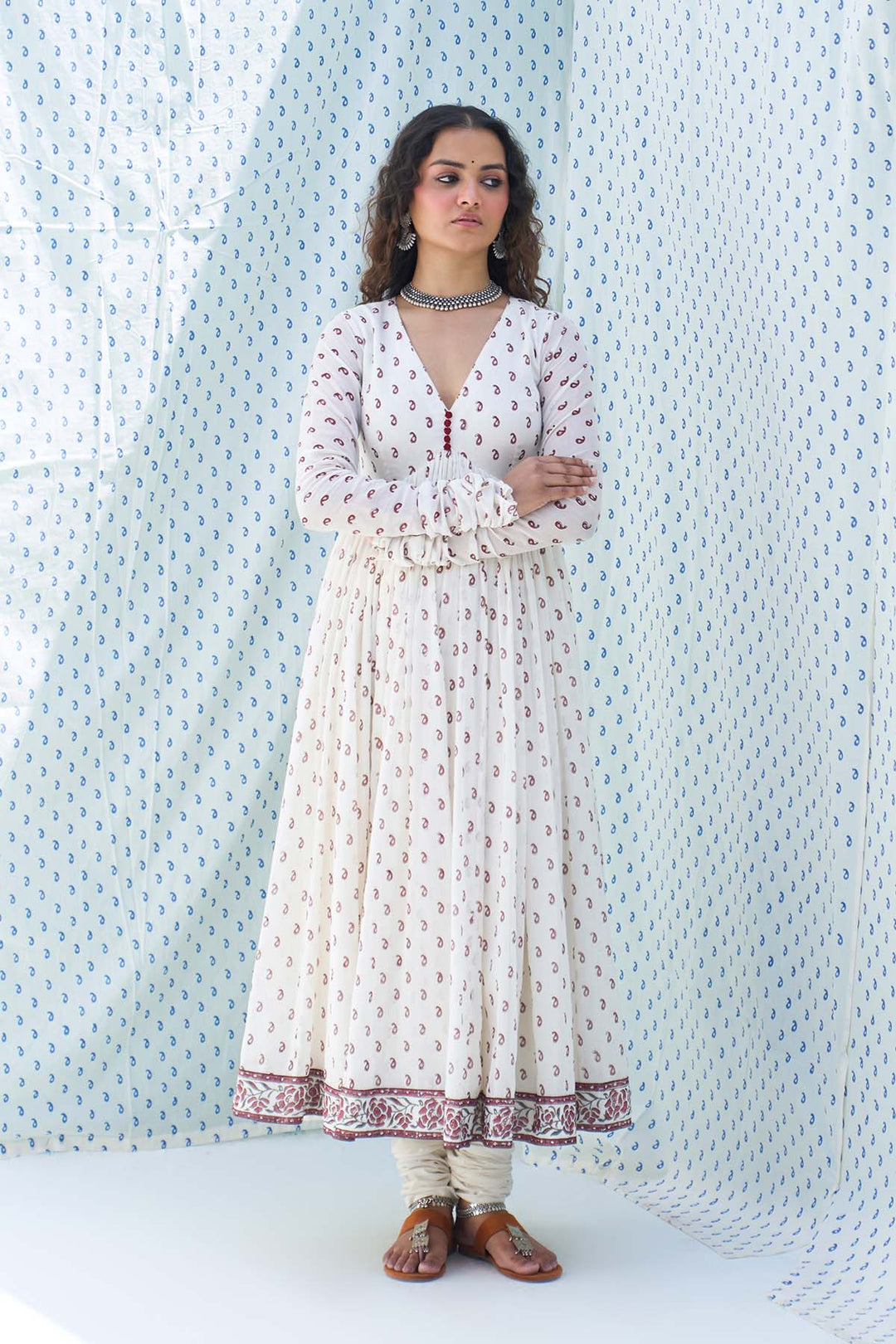 Mehraz red hand block printed v neck anarkali with chooridar and dupatta ( set of 3 )